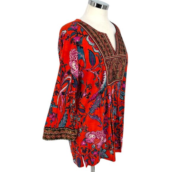 Soft Surroundings Embroidered Sequin Tunic Top Red Orange Floral Size Large - Picture 7 of 12